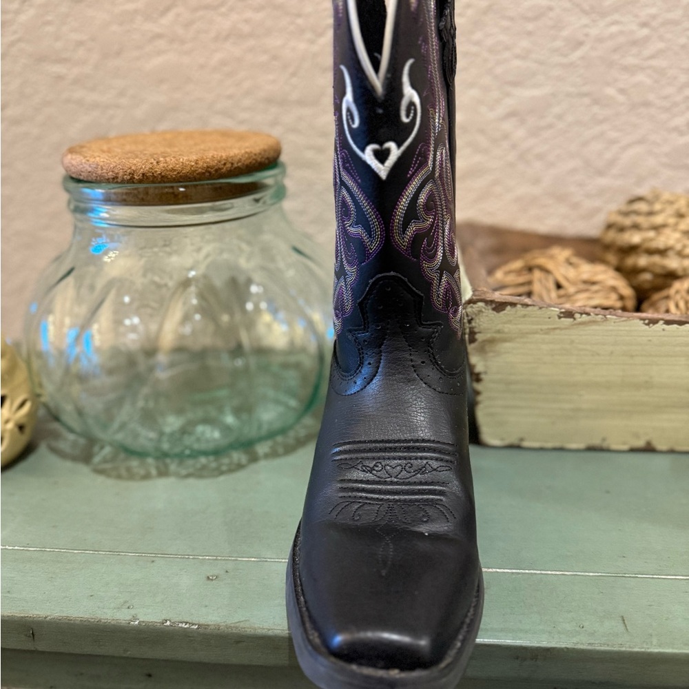 Justin Stampede Youth Girl Boots 2554JR Black Purple with White Stitching - Picture 3 of 8